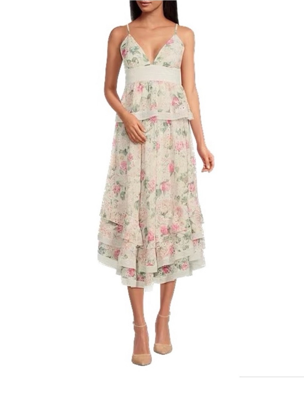 Giani Binni Moditi Floral Chiffon Midi Dress in Soft Ivory and Pink Size 10 - Picture 1 of 9